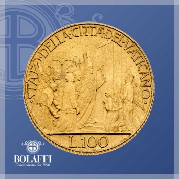 Il rito di bussare tre volte alla Porta Santa, raffigurato sulla moneta d'oro 100 lire Anno Santo 1950