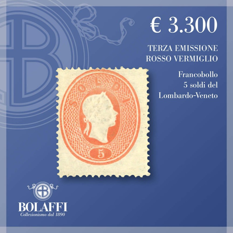 Francobollo da 5 soldi terza emissione del Regno Lombardo-Veneto Francobollo da 5 soldi terza emissione del Regno Lombardo-Veneto