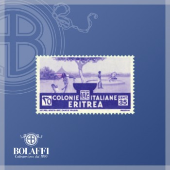 35 centesimi violetto vivo con villaggio indigeno, serie Nuova Pittorica (Eritrea, 1933)