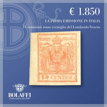 Francobollo 15 centesimi rosso vermiglio del Regno Lombardo Veneto