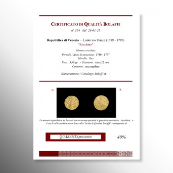 Certificato di qualità Bolaffi per lo zecchino di Venezia in oro