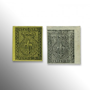 Francobolli da 5 e 10 centesimi del Ducato di Parma con Giglio borbonico coronato