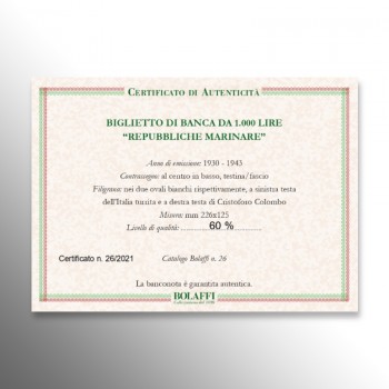 Certificato Bolaffi, 1000 lire Repubbliche marinare