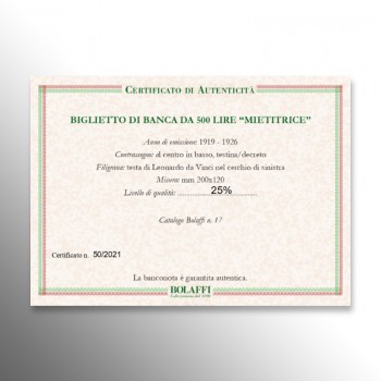 Certificato Bolaffi, 500 lire Mietitrice