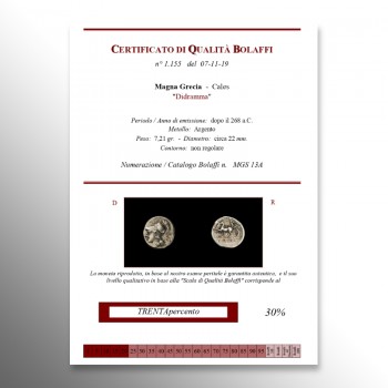 Moneta d'argento di Cales, certificato di qualità Bolaffi