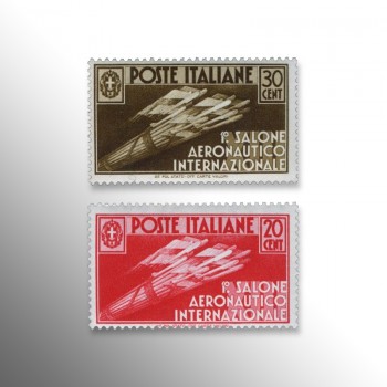 Allegoria dell'aviazione fascista sui francobolli del 1° Salone aeronautico internazionale