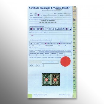 Certificato di garanzia Bolaffi per i francobolli Rodi verde e Rodi bruno