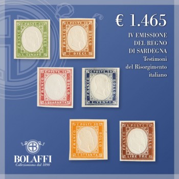 I sei francobolli della IV emissione del Regno di Sardegna