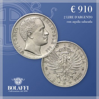 Moneta d'argento 2 lire di Vittorio Emanuele III con aquila sabauda
