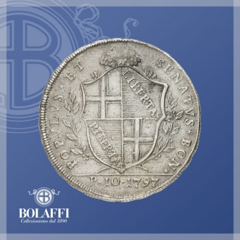 Diritto moneta 10 paoli di Bologna, con stemma della Repubblica Popolare