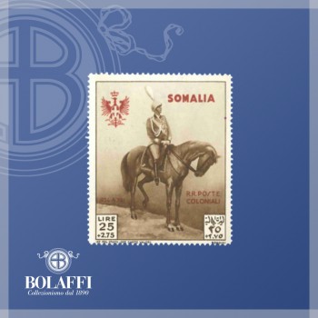 Vittorio Emanuele III a cavallo, francobollo viaggio del Re in Somalia