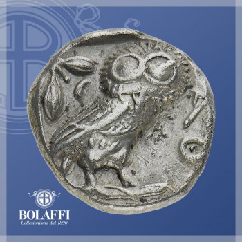 La civetta, animale simbolo di Atena, su moneta d'argento dell'Antica Grecia