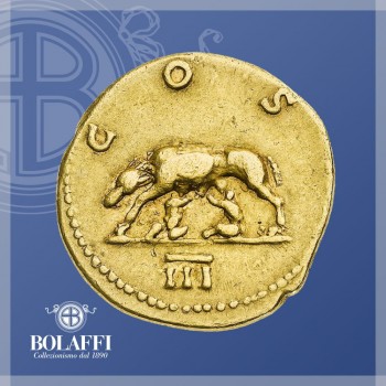 Lupa che allatta Romolo e Remo, sul rovescio della moneta d'oro di Adriano