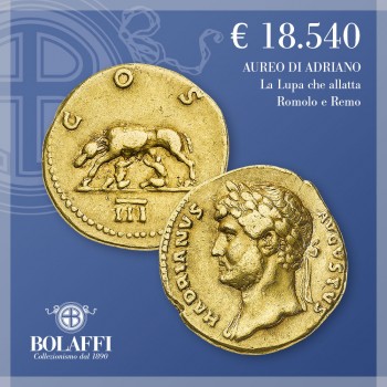 Moneta d'oro dell'imperatore Adriano con la Lupa capitolina